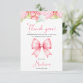 Cute Pink Bow Girl First Birthday Thank You Card サンキューカード (スタンド正面)