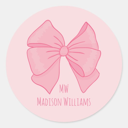 Cute Pink Bow Girl's Monogram and Name ラウンドシール (正面)