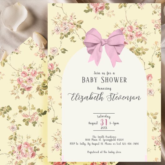Cute Pink Bow Girly Floral Yellow Baby Shower 招待状