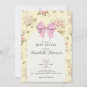 Cute Pink Bow Girly Floral Yellow Baby Shower 招待状 (正面)