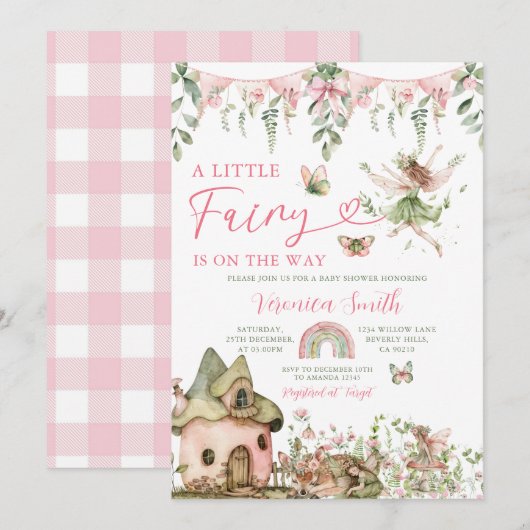 Cute Pink Bow Little Fairy Wildflowers Baby Shower 招待状 (正面/裏面)