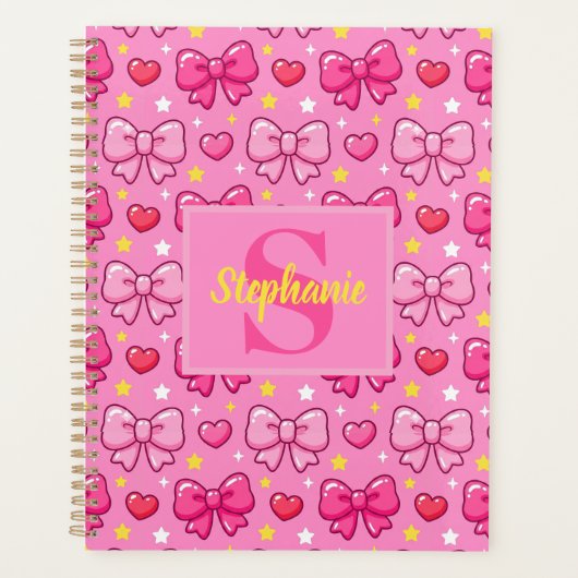 Cute Pink Bows and Hearts Personalized Monogram プランナー手帳 (正面)