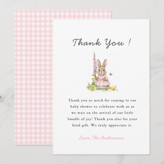 Cute Pink Bunny Baby girl shower  サンキューカード (正面/裏面)