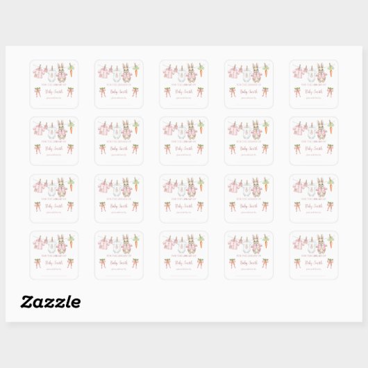 Cute Pink Bunny Girl Clothesline Book Plate スクエアシール (シート)