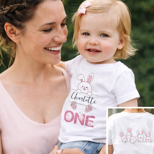 Cute Pink Bunny Girl's First Birthday  ベビーTシャツ