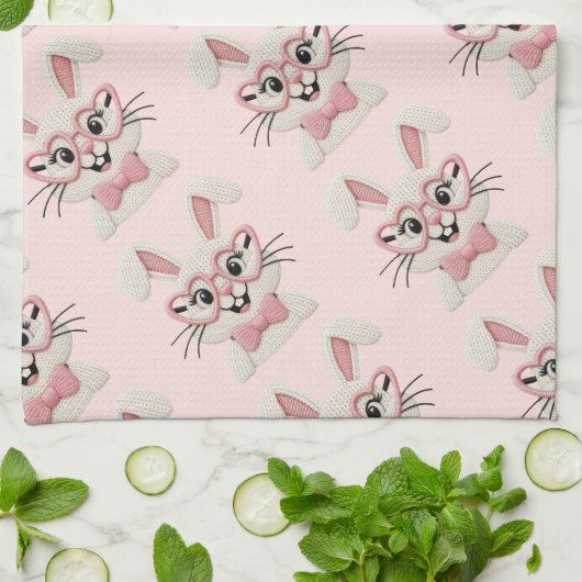 Cute Pink Bunny Heart Glasses キッチンタオル (折り畳み)