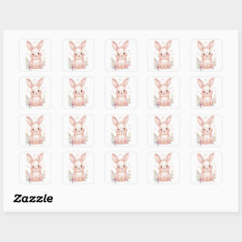Cute Pink Bunny Party Theme Pastel Floral スクエアシール