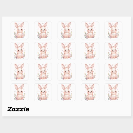 Cute Pink Bunny Party Theme Pastel Floral スクエアシール (シート)