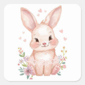 Cute Pink Bunny Party Theme Pastel Floral スクエアシール (正面)