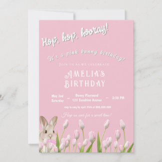 Cute Pink Bunny & Tulips Birthday Invitation  招待状