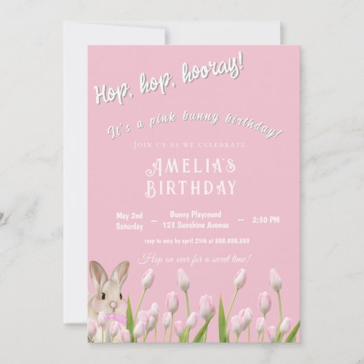 Cute Pink Bunny & Tulips Birthday Invitation  招待状 (正面)