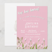 Cute Pink Bunny & Tulips Birthday Invitation  招待状 (正面/裏面)