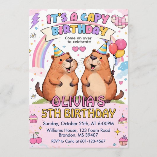 Cute Pink Capy Birthday - Girly Capybara Birthday 招待状 (正面)
