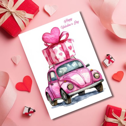 Cute Pink Car Valentine`s Day Card  カード
