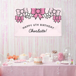 Cute Pink Cartoon Bows Birthday Party 横断幕