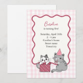 Cute Pink Cat Kid's Birthday Party 招待状 (正面/裏面)