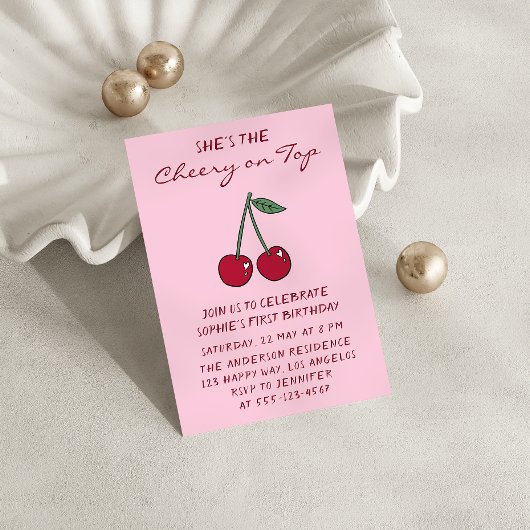 Cute Pink Cherry on Top First Birthday 招待状