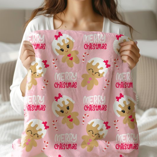 cute pink Christmas Blanket for kids gingerbread フリースブランケット