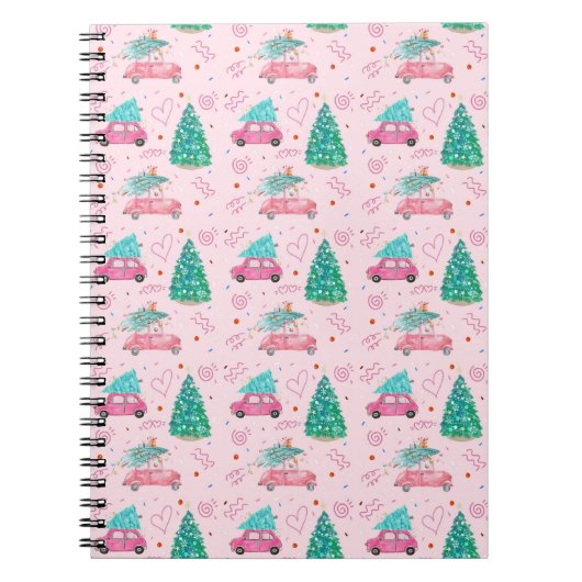 Cute Pink Christmas Car Tree Seamless Pattern ノートブック (正面)