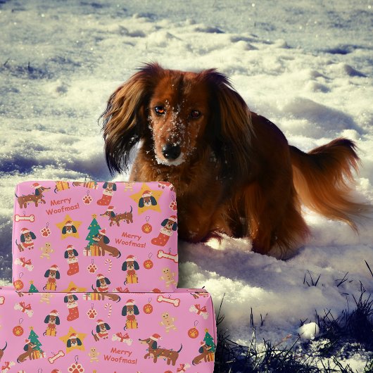 Cute Pink Christmas Dachshund Merry Woofmas ラッピングペーパー