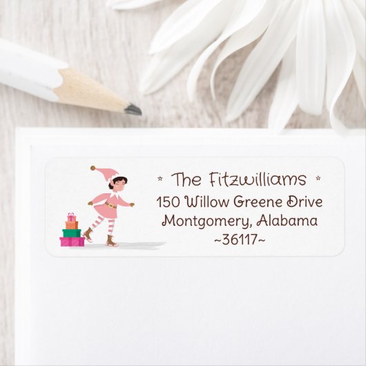 Cute Pink Christmas Elf Ice Skating  ラベル (インサイチュ)