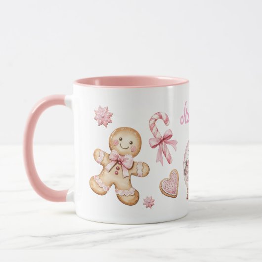 Cute Pink Christmas gingerbread Cookies Name マグカップ (左)
