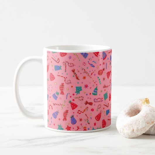 “Cute Pink Christmas Pattern Mug – Festive Holiday コーヒーマグカップ (ドーナツ)