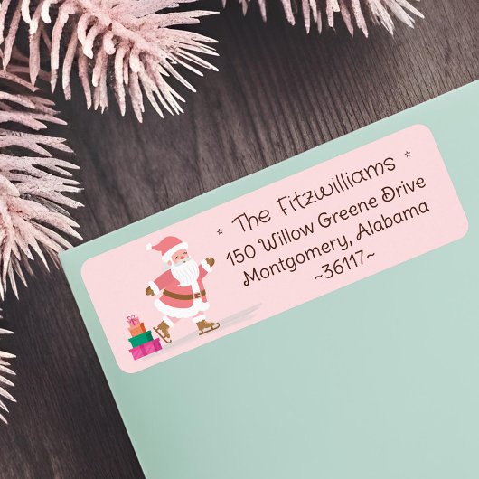 Cute Pink Christmas Santa Claus Ice Skating  ラベル