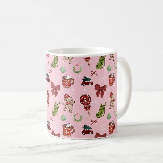Cute Pink Christmas Seamless Pattern コーヒーマグカップ (正面右)