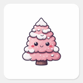 Cute Pink Christmas Tree Illustration スクエアシール