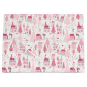 Cute Pink Christmas Village Snowy Day ラージペーパーバッグ (正面)