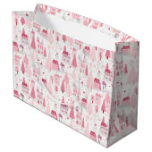 Cute Pink Christmas Village Snowy Day ラージペーパーバッグ (裏面アングル)