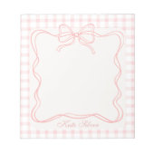Cute Pink Coquette Bow Gingham Personalized Name ノートパッド (正面)
