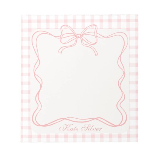 Cute Pink Coquette Bow Gingham Personalized Name ノートパッド (正面)