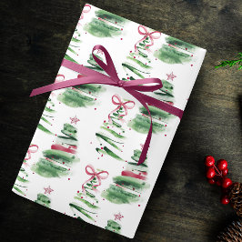 Cute pink Coquette bows Christmas trees creme ラッピングペーパー