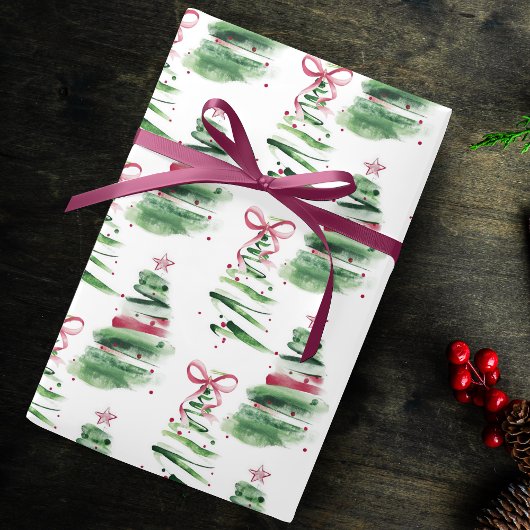 Cute pink Coquette bows Christmas trees creme ラッピングペーパー