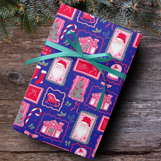 Cute Pink Coquette Frames Pattern Christmas Blue ラッピングペーパー