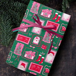 Cute Pink Coquette Frames Pattern Christmas green ラッピングペーパー