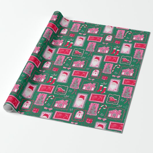 Cute Pink Coquette Frames Pattern Christmas green ラッピングペーパー (アンロールド)