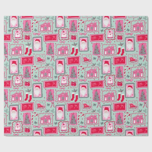 Cute Pink Coquette Frames Pattern Christmas mint ラッピングペーパー (フラット)