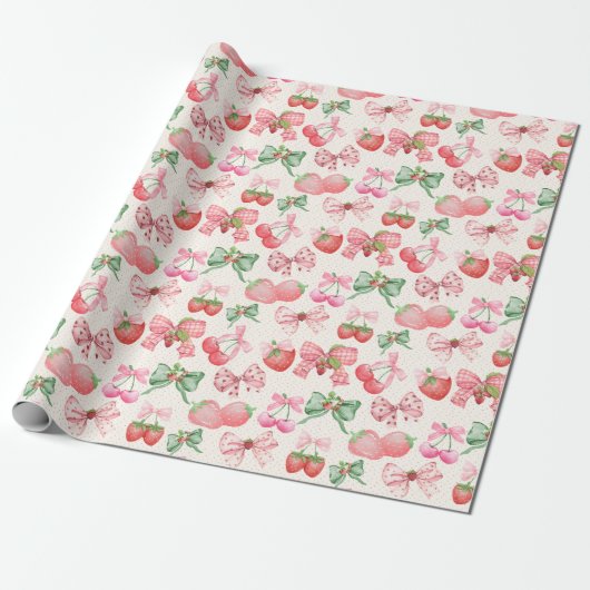 Cute Pink Coquette strawberry pattern ラッピングペーパー (アンロールド)