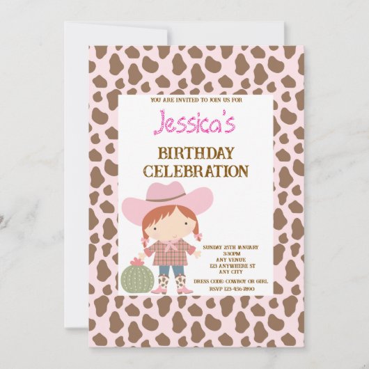 Cute Pink Cowgirl Birthday 招待状 (正面)