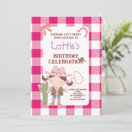 Cute Pink Cowirl Child's Birthday 招待状 (スタンド正面)