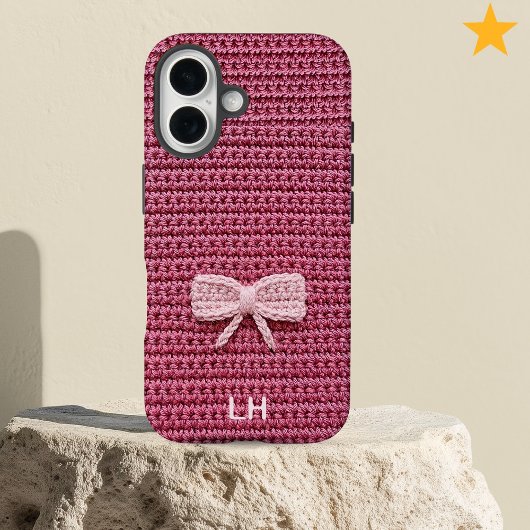 Cute Pink Crochet Bow Yarn Custom Name Case-Mate iPhoneケース