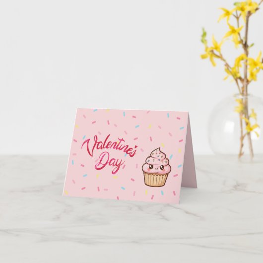 Cute Pink Cupcake Valentine's Day Card カード (黄色い花)