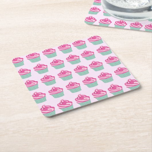 Cute Pink Cupcakes Pattern Pastel Pink スクエアペーパーコースター (アングル)