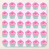 Cute Pink Cupcakes Pattern Pastel Pink スクエアペーパーコースター (正面)