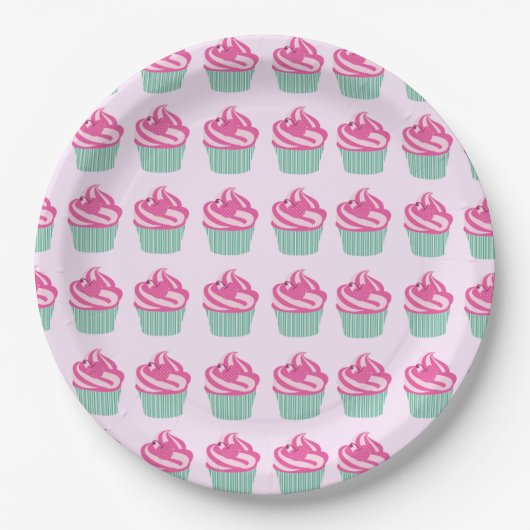 Cute Pink Cupcakes Pattern Pastel Pink ペーパープレート (正面)
