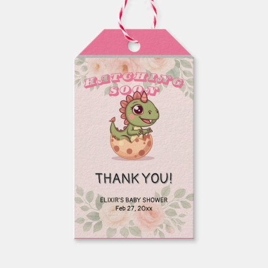 Cute Pink Dino Hatching Soon ギフトタグ (正面)