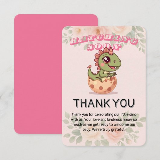 Cute Pink Dino Hatching Soon サンキューカード (正面/裏面)